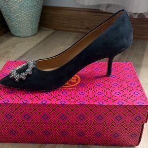 Tory Burch Black Suede Crystal-Embellished Women's Pump